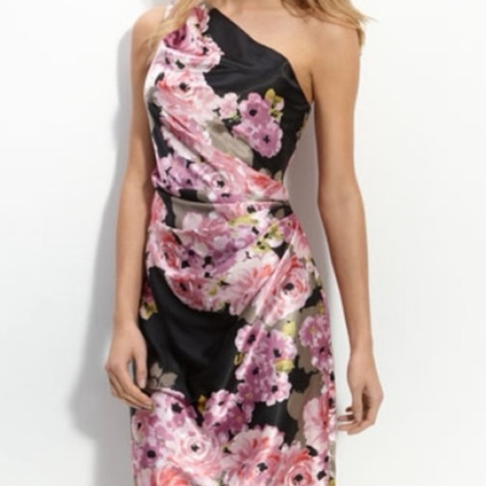 Maggy London Pink and Purple One Shoulder Sheath Dress | size 4 | floral